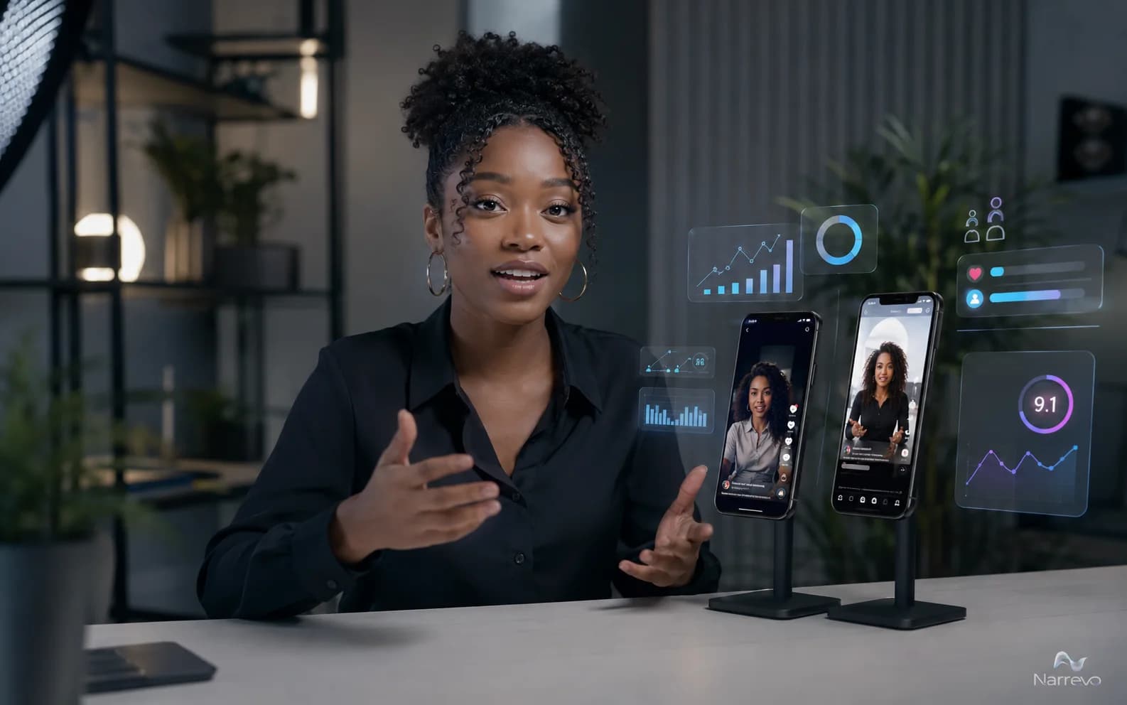 Créatrice analysant les posts qui performent — scores et stats en overlay